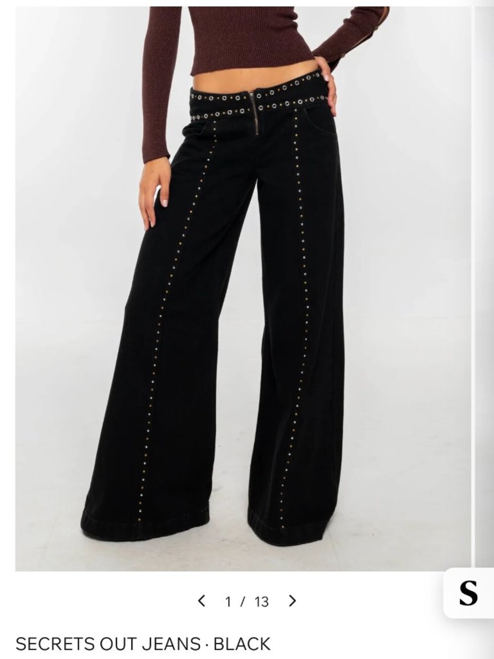 THE-ARE Secrets Out Low Rise Studded Wide Leg Jeans Black EU 34 (approx US 2/XS)
